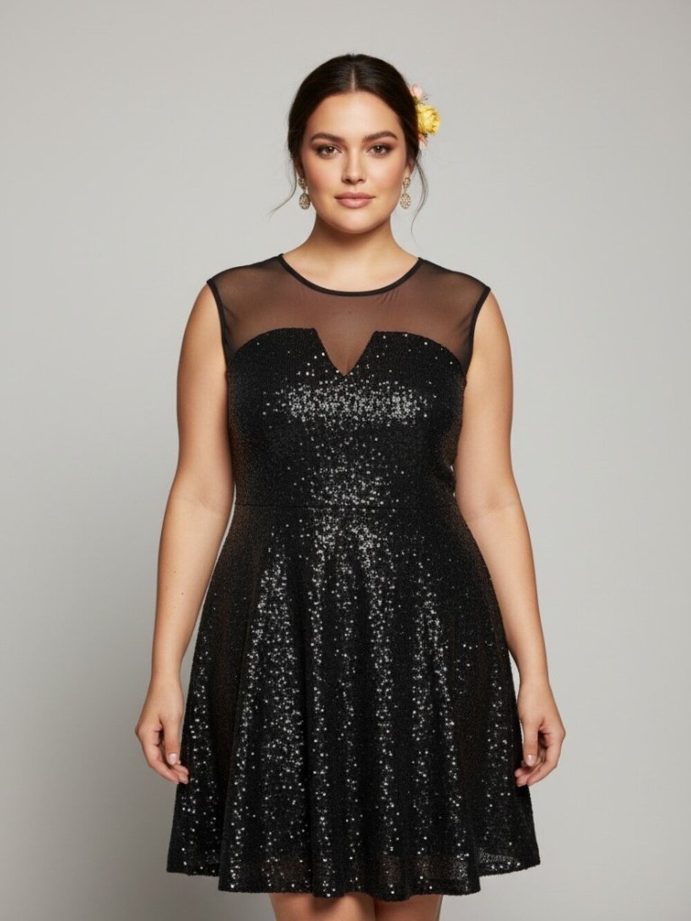Calvin Klein Black Sequin Illusion Fit Flare Dress 14 Cocktail Party Holiday